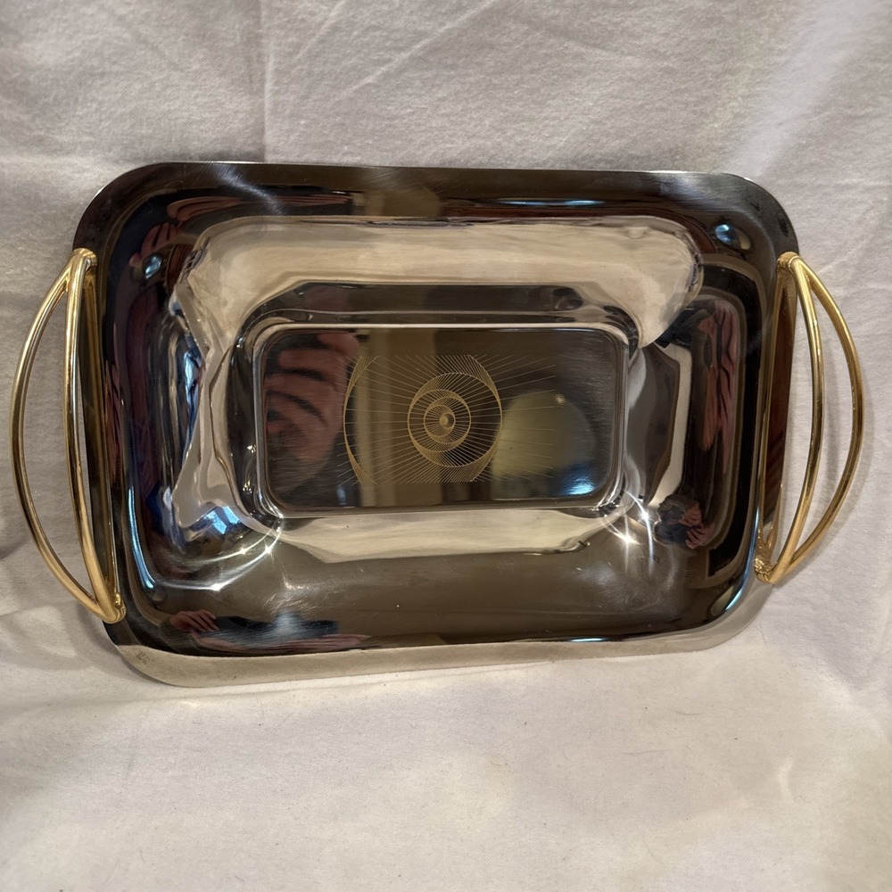 Inox Style Bowl Tray 18/10 Stainless Art Deco MCM Etching Gold Handles 12x9"